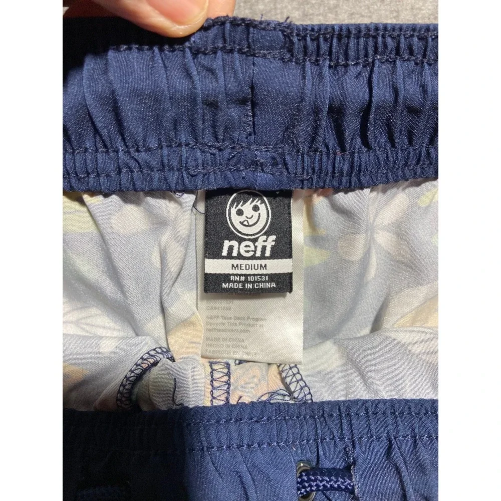 Neff Swim Trunks Navy Blue Duck Tropical Print Drawstring Board Shorts Medium